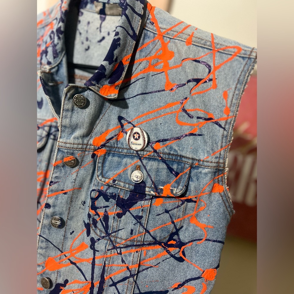 Astros Hand Painted Destroyed Denim Vest w/ Astros Pins